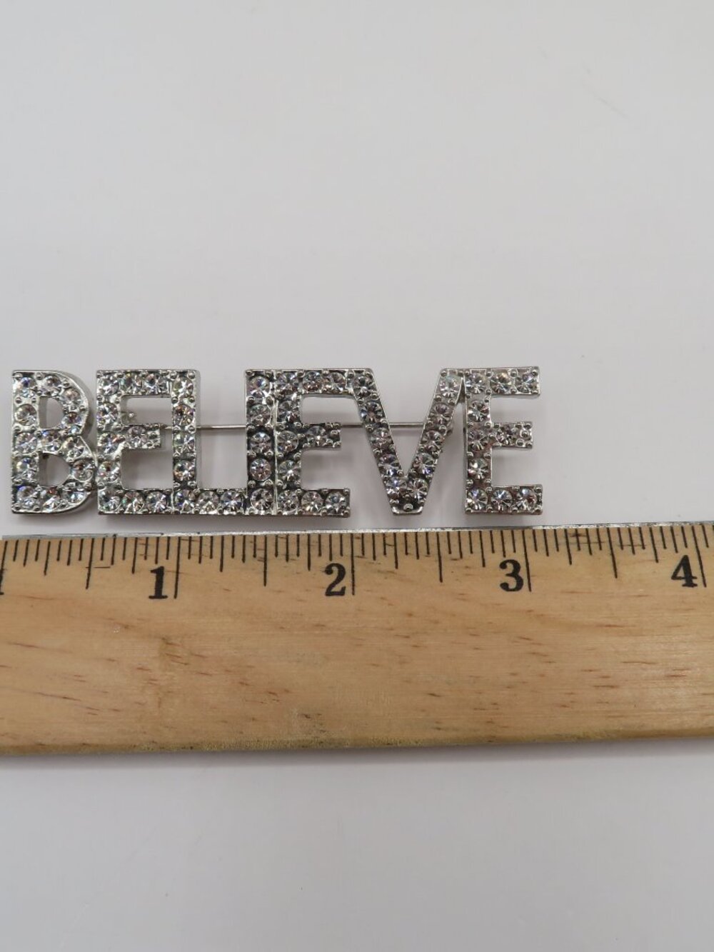 Believe Rhinestone Silver Tone Brooch - Picture 7 of 7